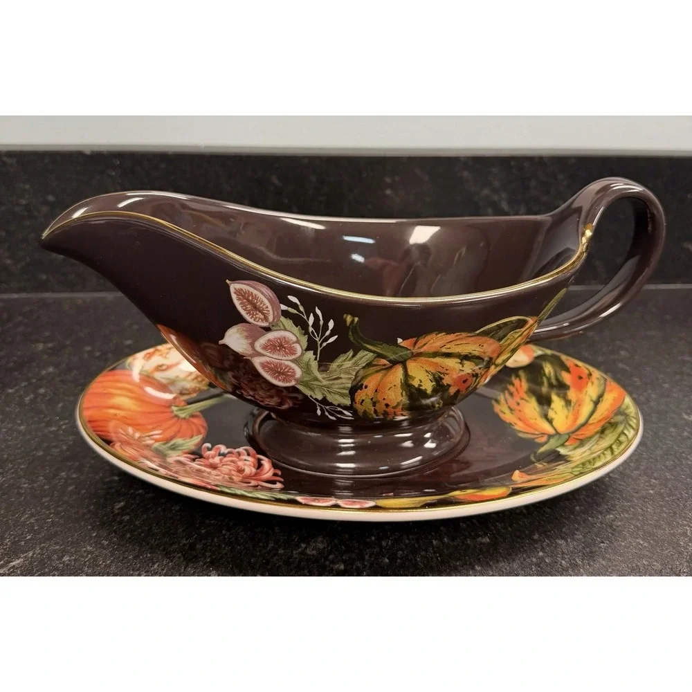 Williams Sonoma Harvest Pumpkin Gravy Boat & Underplate Brown Fall Thanksgiving